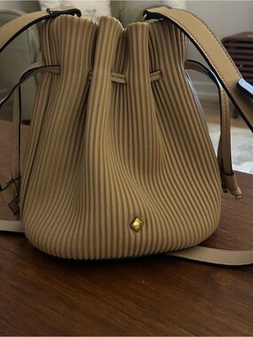 MOTF Tan Pleated Bucket Shoulder Bag with Gold Accent